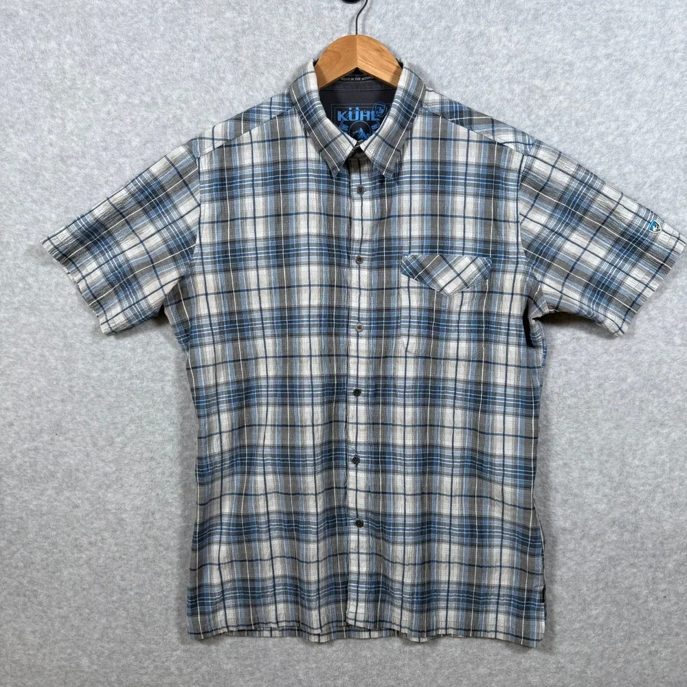 Kuhl Mens Large Blue Grey Plaid Short Sleeve Button Down Mountain Shirt Cotton - Picture 1 of 16
